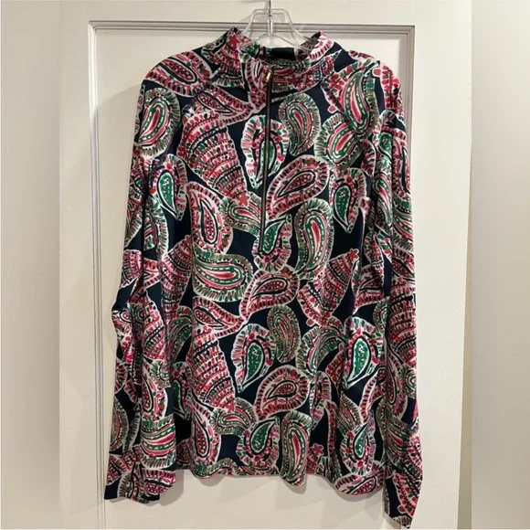 Crown & Ivy Paisley Print Quarter Zip Navy Pink Green Thumbholes Womens Large - Picture 3 of 9